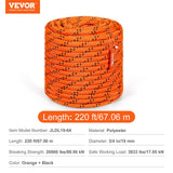 Double Braided Polyester Rope, 19 mm x 67.06 m, 24 Strands, 88.96kN Breaking Strength Outdoor Climbing Rope, Arborist Rigging Rope for Rock Hiking Camping Swing Rappelling Rescue, Orange/Black