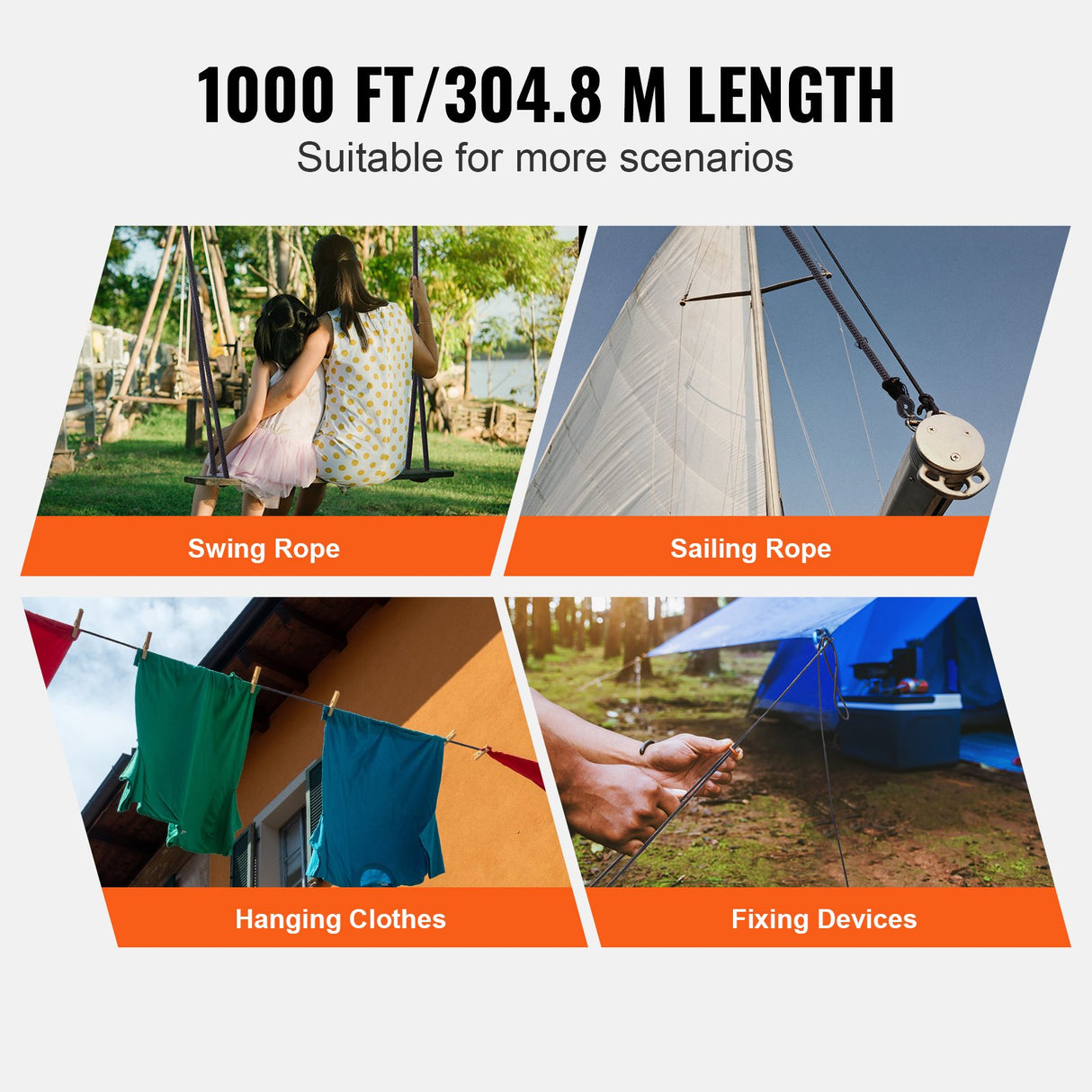 VEVOR Braided Nylon Rope, 5 mm x 304.8 m, 32 Strands, 3.20kN Breaking Strength Outdoor Climbing Rope, Arborist Tree Climbing Rigging Rope Ideal for