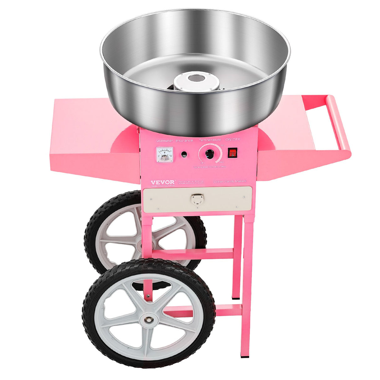 VEVOR Electric Cotton Candy Machine with Cart, 1000W Commercial Candy Floss Maker with 52cm in Stainless Steel Bowl, Sugar Scoop, and Drawer, Easy to Use, for Home, Kids Birthday, Family Party, Pink