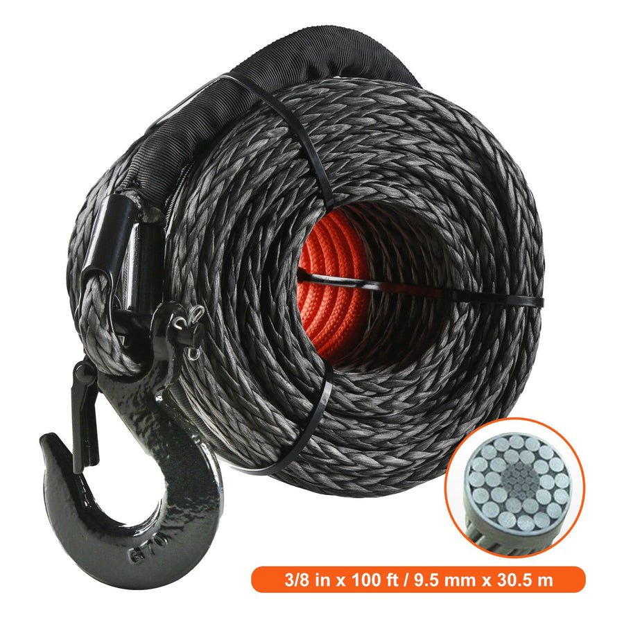 Synthetic Winch Rope, 9.5 mm x 30.5 m, 117.9 kN, Synthetic Winch Line Cable Rope with Protective Sleeve + Forged Winch Hook + Pull Strap, Universal Fit for SUV, Large Off-Road Vehicle, Truck
