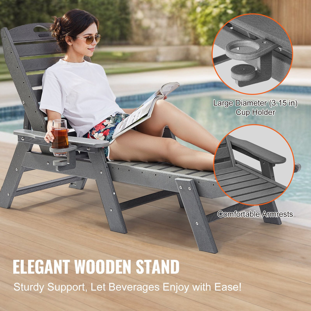 VEVOR Outdoor Chaise Lounge Chair 6 Positions Reclining Patio Bench Lounger Gray