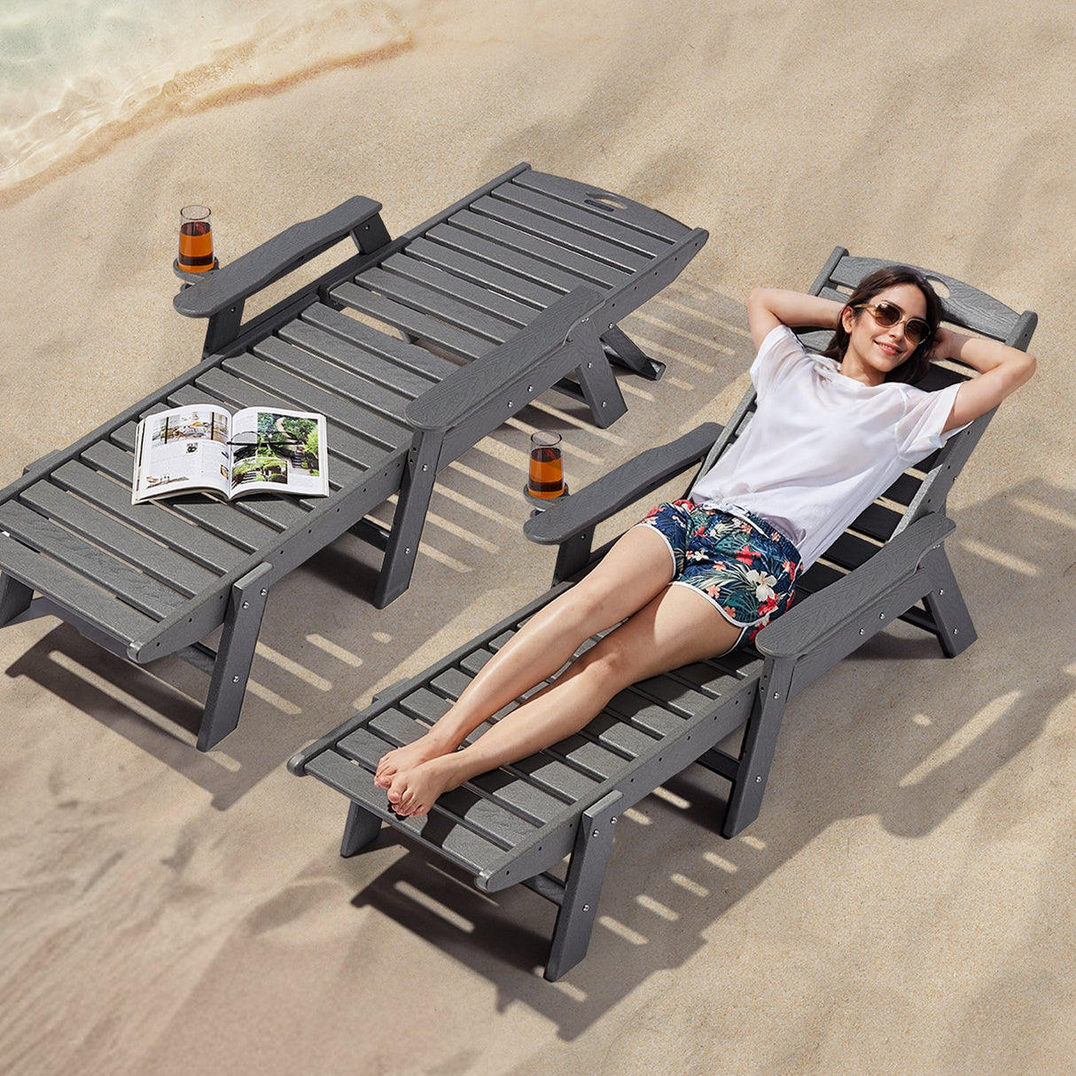 VEVOR Outdoor Chaise Lounge Chair 6 Positions Reclining Patio Bench Lounger Gray