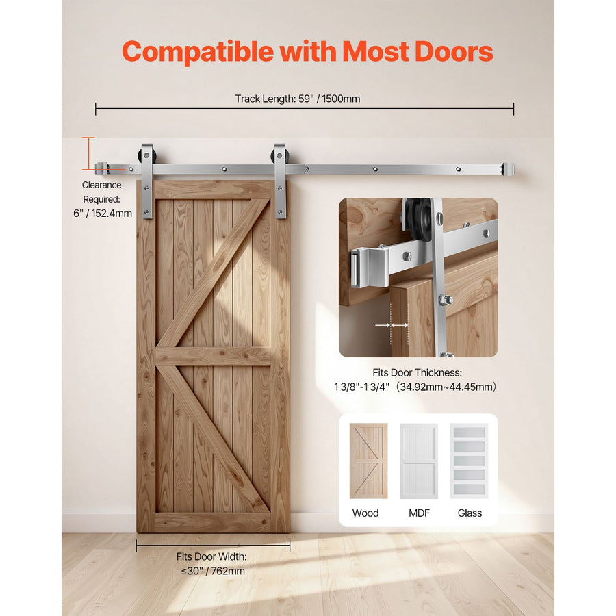 5FT Sliding Barn Door Hardware Kit, 330 LBS Weight Capacity, Compatible with 30 Inches Max Width & 1-3/8 to 1-3/4 Inches Thickness Single Sliding Barn Door, Durable Track & J-shape Roller Silver