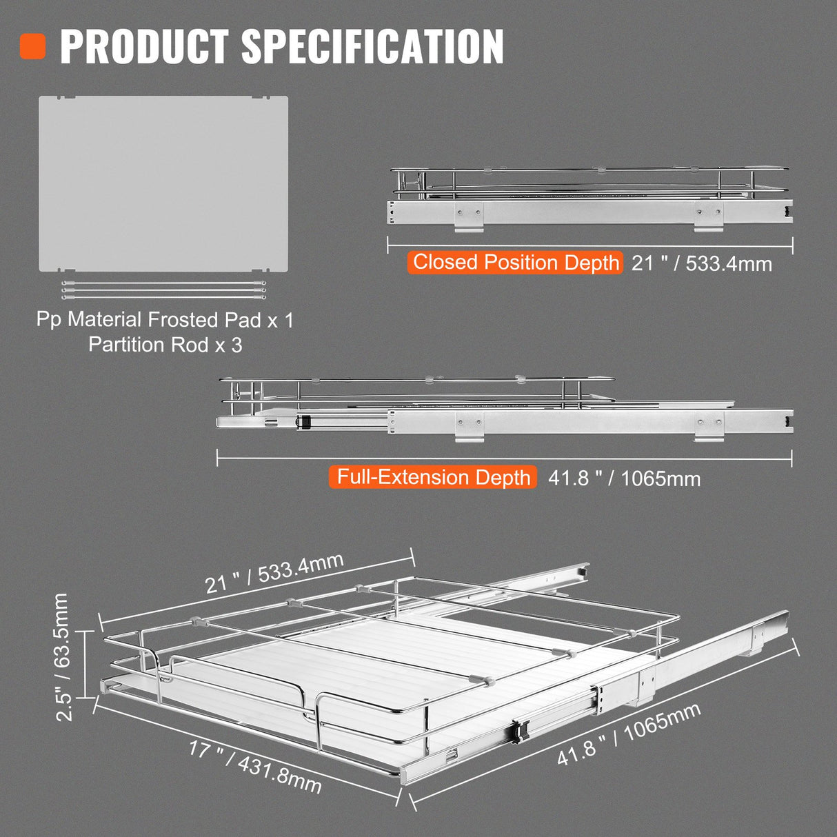 18.5"Wx21"Dx3.5"H Pull Out Cabinet Organizer, Heavy Duty Slide Out Pantry Shelves, Steel Roll Out Drawers, Sliding Drawer Storage for Home Under Sink, 20"Wx22"Dx7"H Install Size for Cabinet