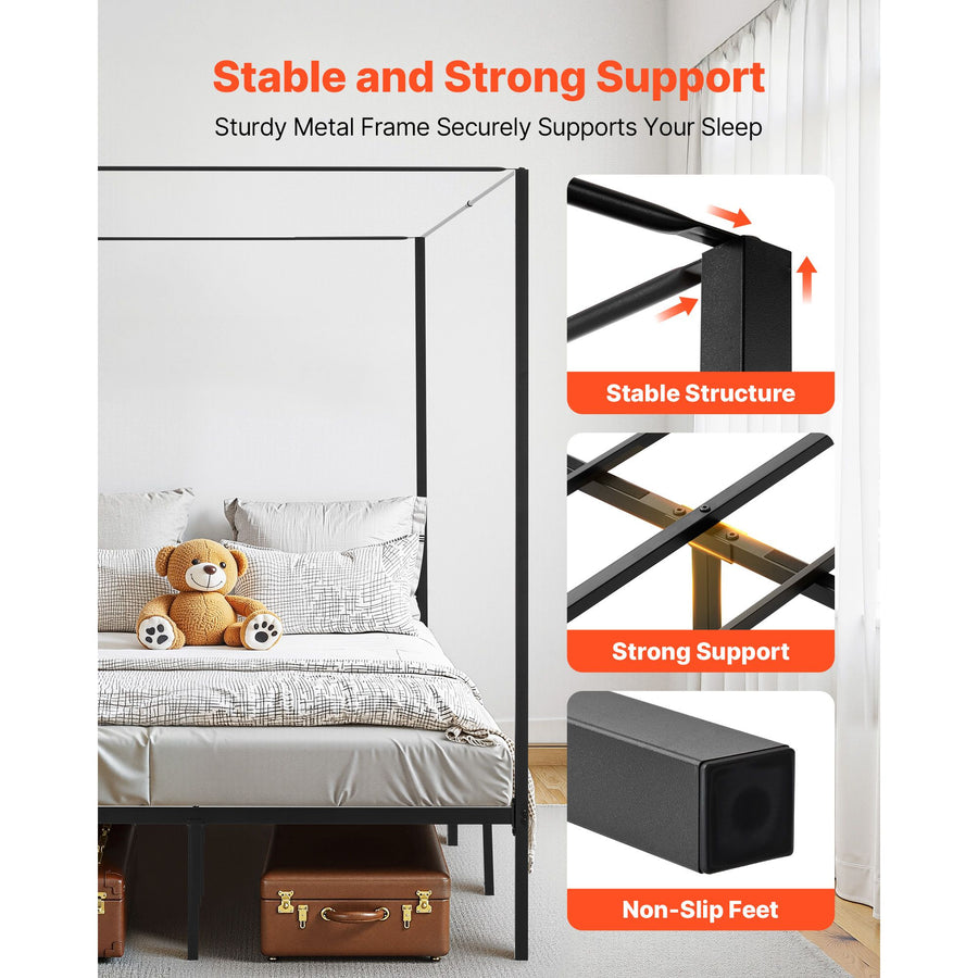 Full Size Canopy Bed Frame, Metal Canopy Bed with Four Posters Design, Heavy Duty Steel Slats Support, Underbed Storage Space, No Box Spring Needed, Easy Assembly, Black