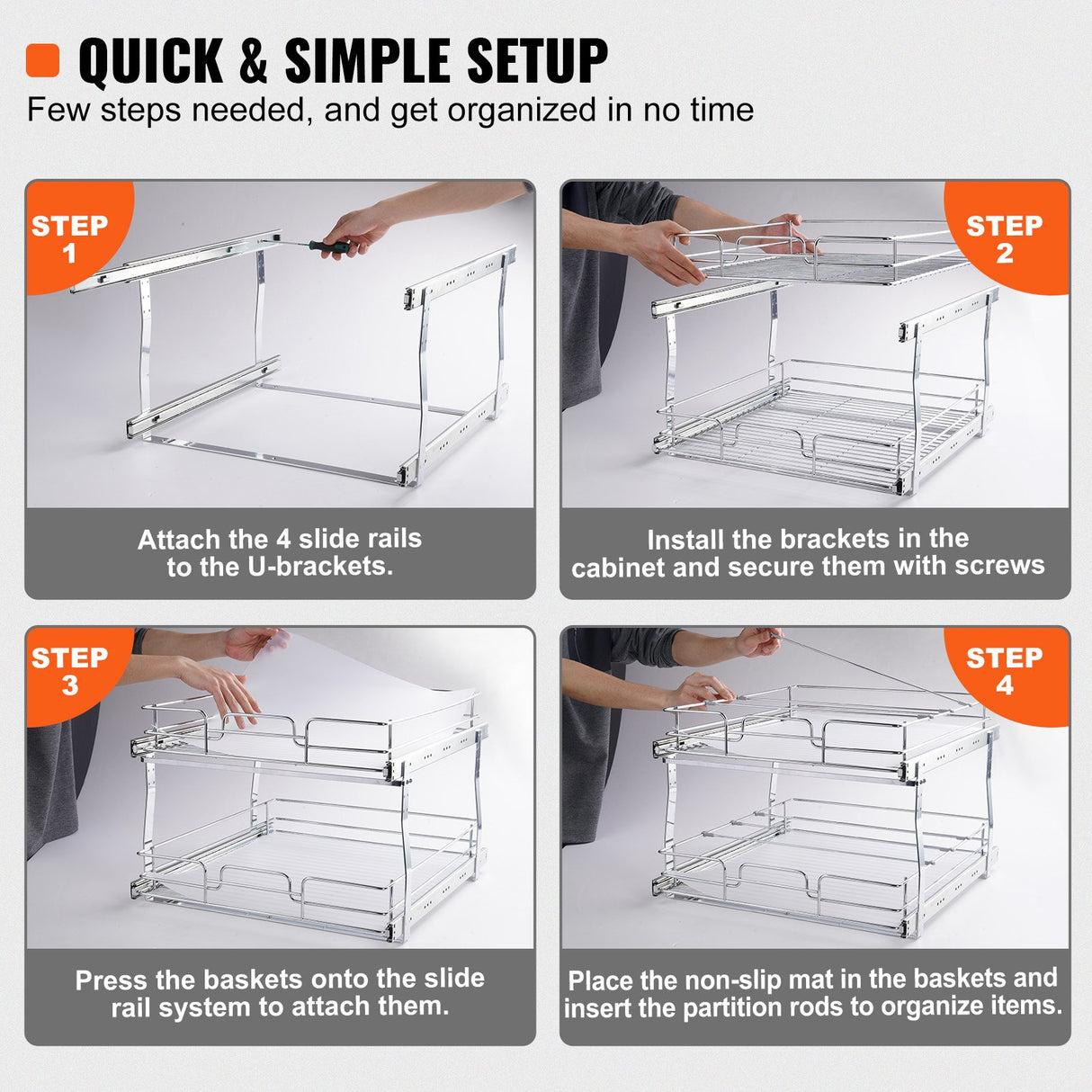 2 Tier 20"Wx21"Dx15"H Pull Out Cabinet Organizer, Heavy Duty Slide Out Pantry Shelves, Steel Roll Out Drawers, Sliding Drawer Storage for Home, 21.5"Wx22"Dx18"H Install Size for Cabinet