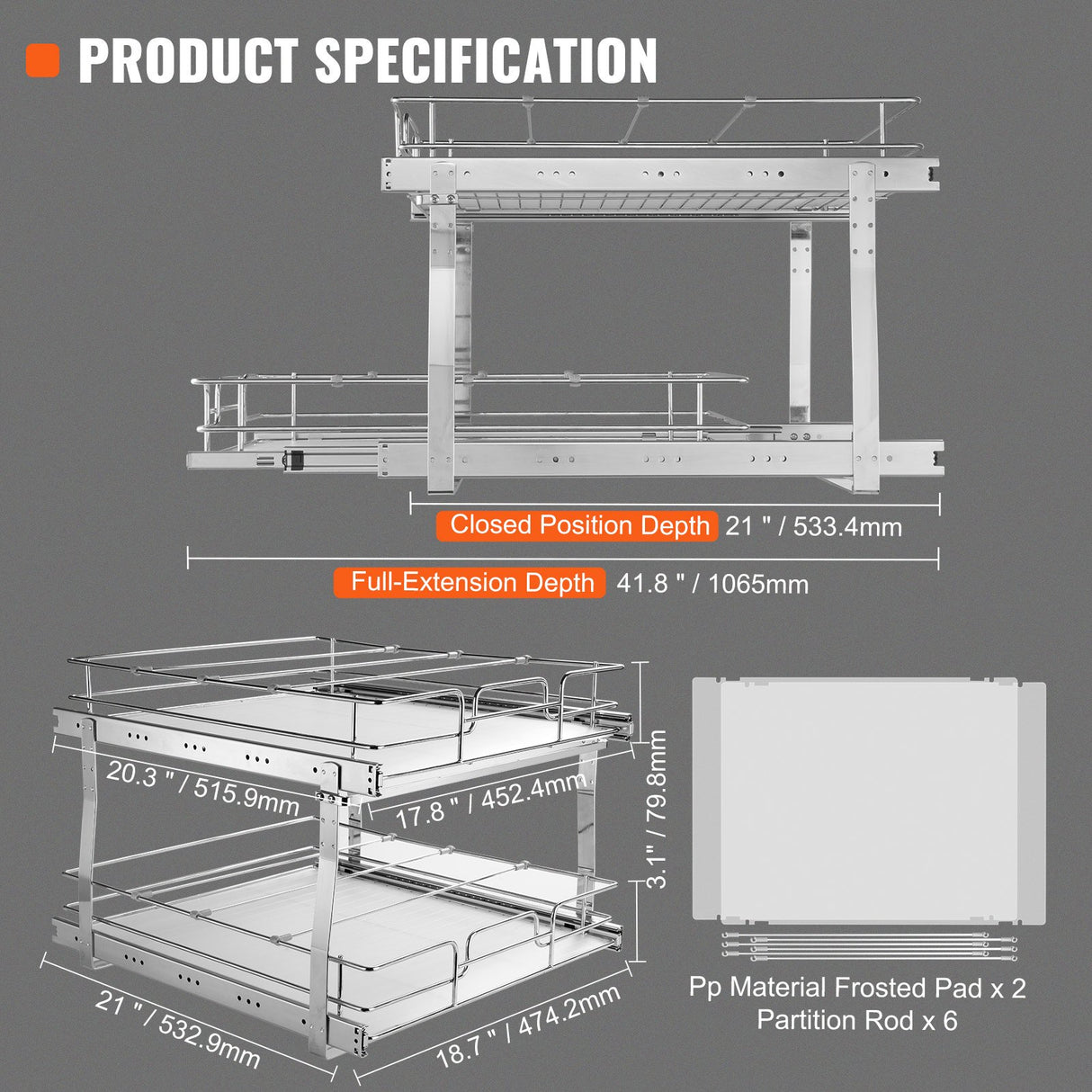 2 Tier 20"Wx21"Dx15"H Pull Out Cabinet Organizer, Heavy Duty Slide Out Pantry Shelves, Steel Roll Out Drawers, Sliding Drawer Storage for Home, 21.5"Wx22"Dx18"H Install Size for Cabinet