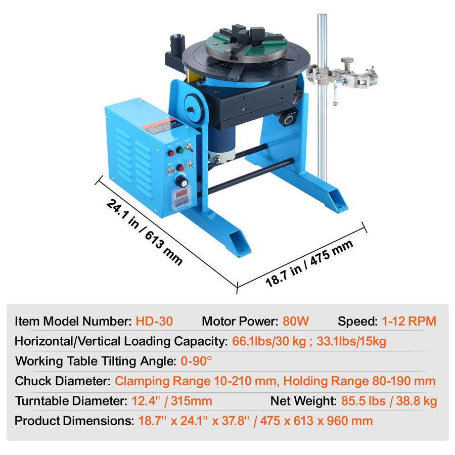 Rotary Welding Positioner 30KG, 0-90° Welding Positioning Turntable Table 1-12RPM 80W, with 12.4 Inch 3-Jaw, image 7
