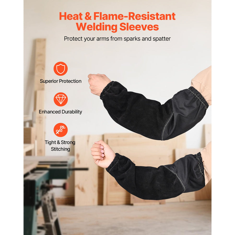 Flame Resistant Welding Work Sleeves, Heavy Duty Cowhide Leather & FR Cotton Arm Protection Sleeves for Men Women - with Elastic Cuffs for Welding, Blacksmithing, Woodworking