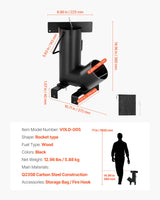 VEVOR Camping Rocket Stove, Wood Burning Portable Rocket Stove with Carrying Bag for Backpacking, Carbon Steel, Burn Wood, Twigs or Sticks for Outdoor Cooking, Backyard, Camp Cooking, Heating, Black - Close-Up Angle