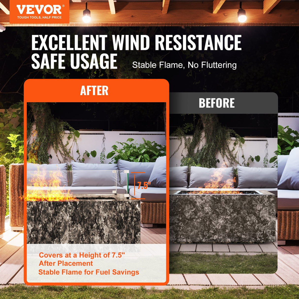 VEVOR Glass Wind Guard for Rectangular Fire Pit Table 773 x 367 x 191 mm, 8mm Thick and Sturdy Tempered Glass Panel with Hard Aluminum Corner Bracket & Rubber Feet, Easy to Assemble