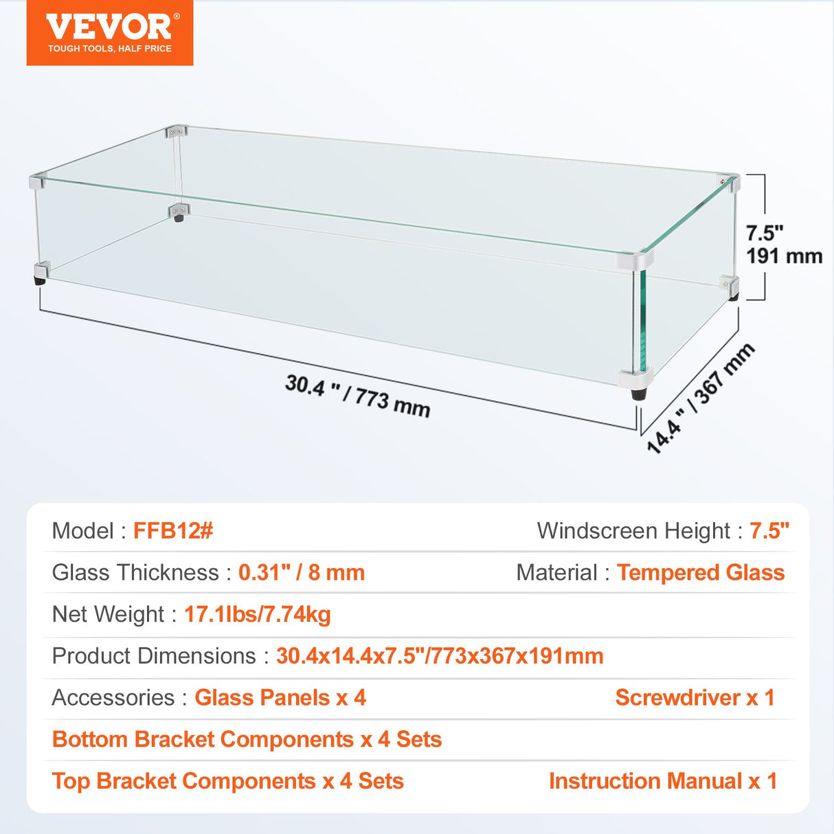 VEVOR Glass Wind Guard for Rectangular Fire Pit Table 773 x 367 x 191 mm, 8mm Thick and Sturdy Tempered Glass Panel with Hard Aluminum Corner Bracket
