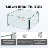 VEVOR Gas Fire Pit Wind Guard for Square Fire Table, 380 x 380 x 180 mm Clear Tempered Wind Guard for Firepits, 8mm Thick Square Glass Shield, Glass Panel with Hard Corner Bracket & Feet - 45-Degree Angle