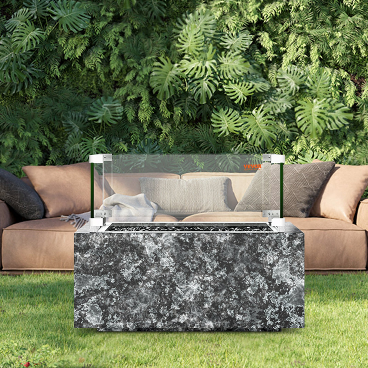 VEVOR Gas Fire Pit Wind Guard for Square Fire Table, 380 x 380 x 180 mm Clear Tempered Wind Guard for Firepits, 8mm Thick Square Glass Shield, Glass Panel with Hard Corner Bracket & Feet