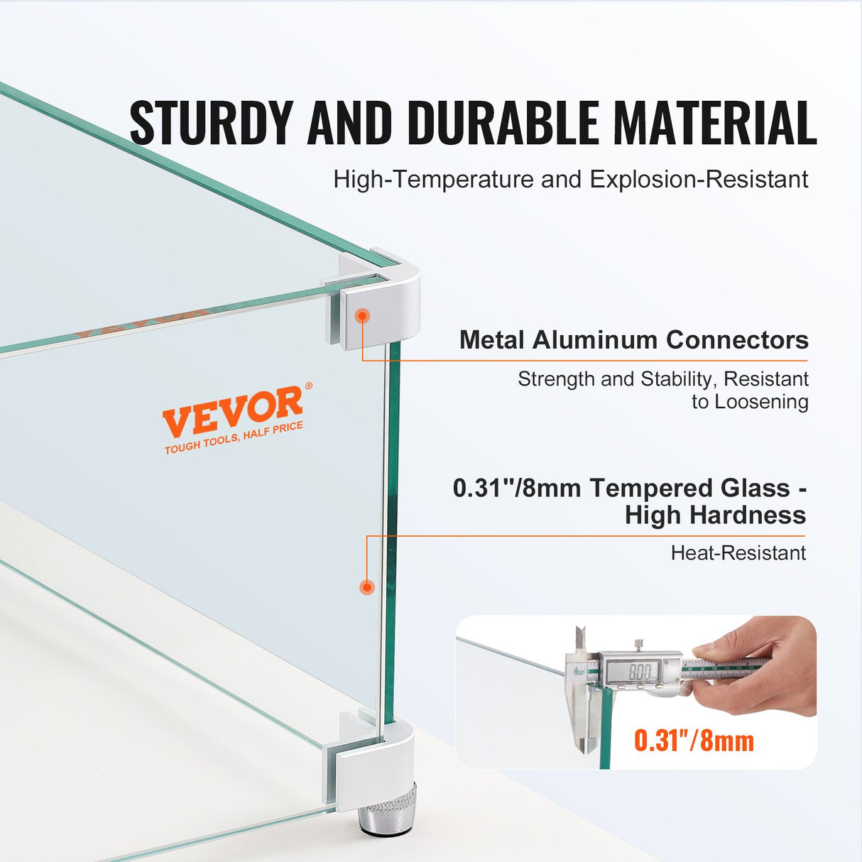 VEVOR Gas Fire Pit Wind Guard for Square Fire Table, 595 x 190 x 165 mm Clear Tempered Wind Guard for Firepits, 8mm Thick Square Glass Shield, Glass