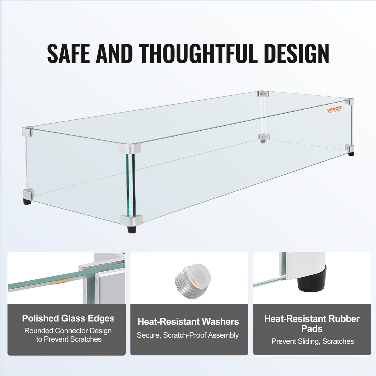 VEVOR Glass Wind Guard for Rectangular Fire Pit Table 748 x 340 x 165 mm, 8mm Thick and Sturdy Tempered Glass Panel with Hard Aluminum Corner Bracket