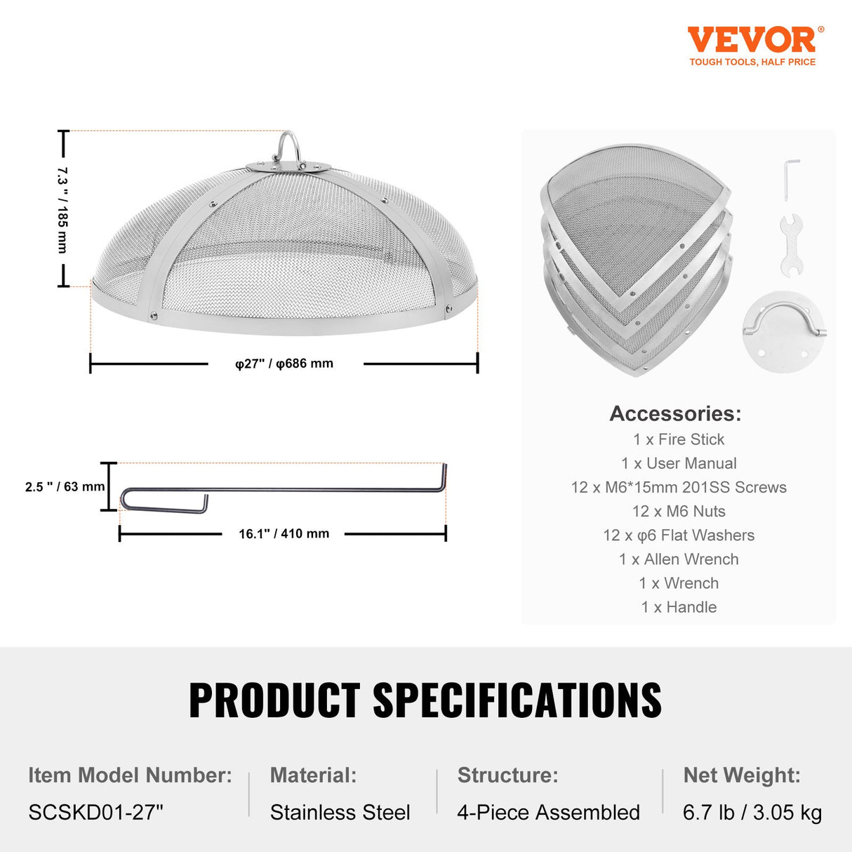 VEVOR Fire Pit Spark Screen Round 27", Reinforced Heavy Duty Steel Metal Cover, Outdoor Firepit Lid, Easy-Opening Top Screen Covers Round with Ring