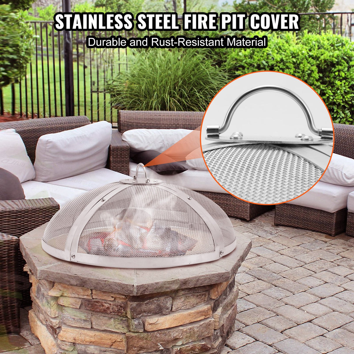 VEVOR Fire Pit Spark Screen Round 30", Reinforced Heavy Duty Steel Metal Cover, Outdoor Firepit Lid, Easy-Opening Top Screen Covers Round with Ring