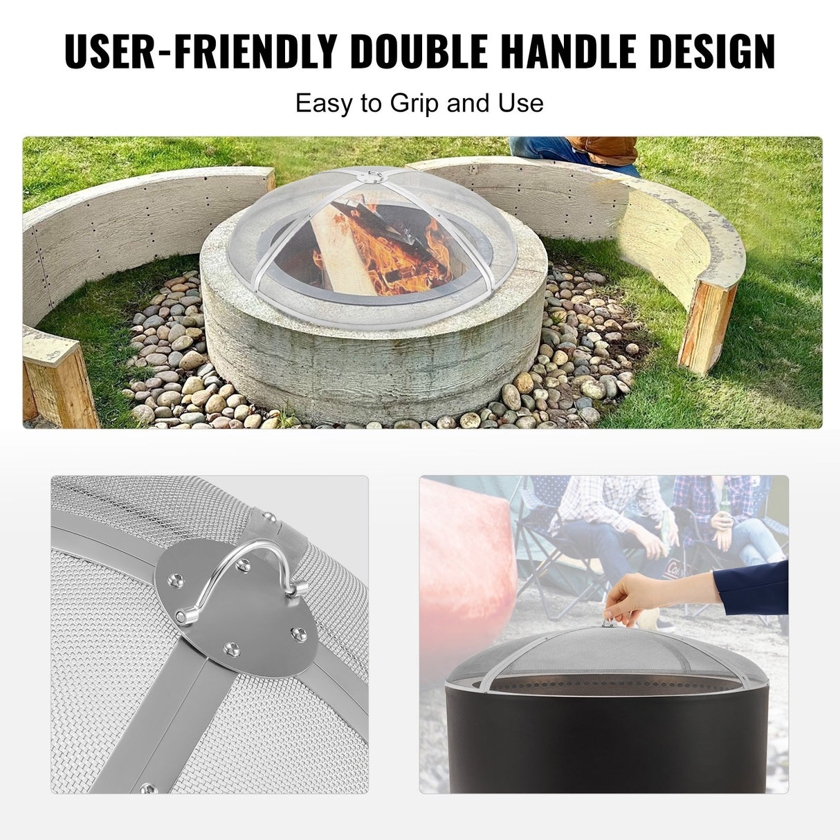 VEVOR Fire Pit Spark Screen Round 30", Reinforced Heavy Duty Steel Metal Cover, Outdoor Firepit Lid, Easy-Opening Top Screen Covers Round with Ring