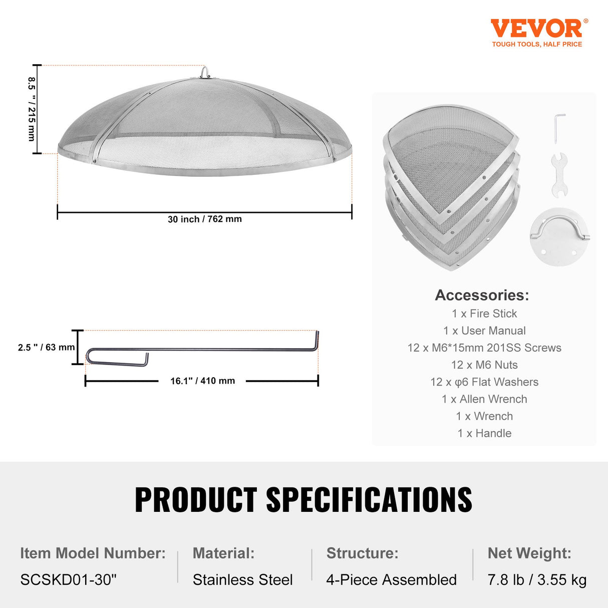 VEVOR Fire Pit Spark Screen Round 30", Reinforced Heavy Duty Steel Metal Cover, Outdoor Firepit Lid, Easy-Opening Top Screen Covers Round with Ring