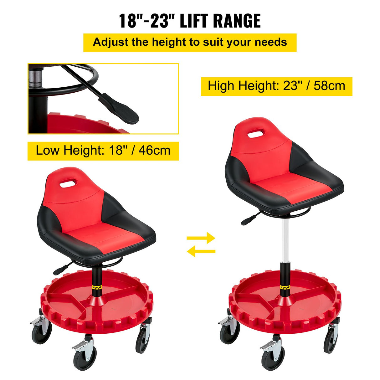 VEVOR Rolling Garage Stool 300LBS Adjustable Mechanic Work Shop Seat w/Casters