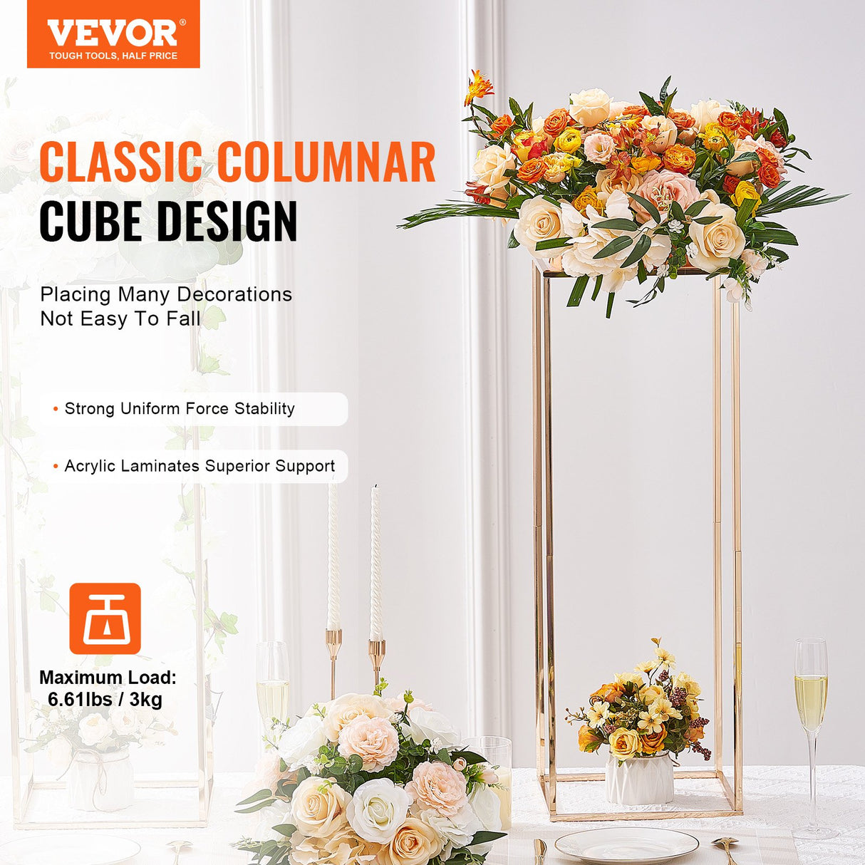 VEVOR 10PCS 31.5inch/80cm High Wedding Flower Stand, With Acrylic Laminate,Metal Vase Column Geometric Centerpiece Stands, Gold Rectangular Floral