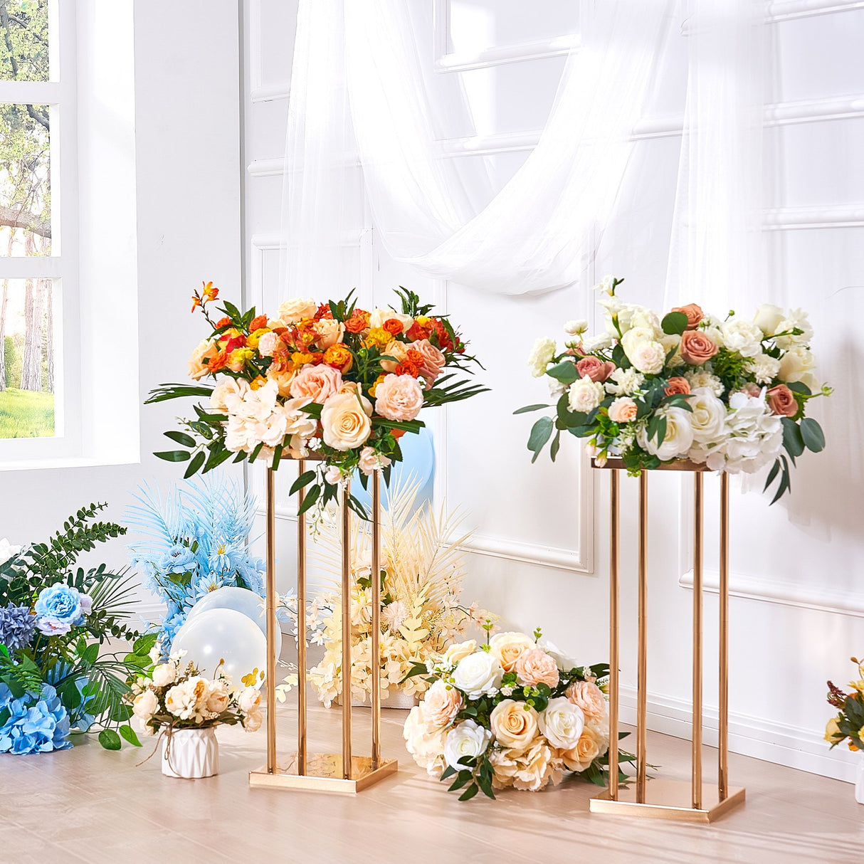 4PCS Gold Metal Column Wedding Flower Stand, 23.6inch /60cm High With Metal Laminate, Vase Geometric Centerpiece Stands, Cylindrical Floral Display Rack for Events Reception, Party Road Leads
