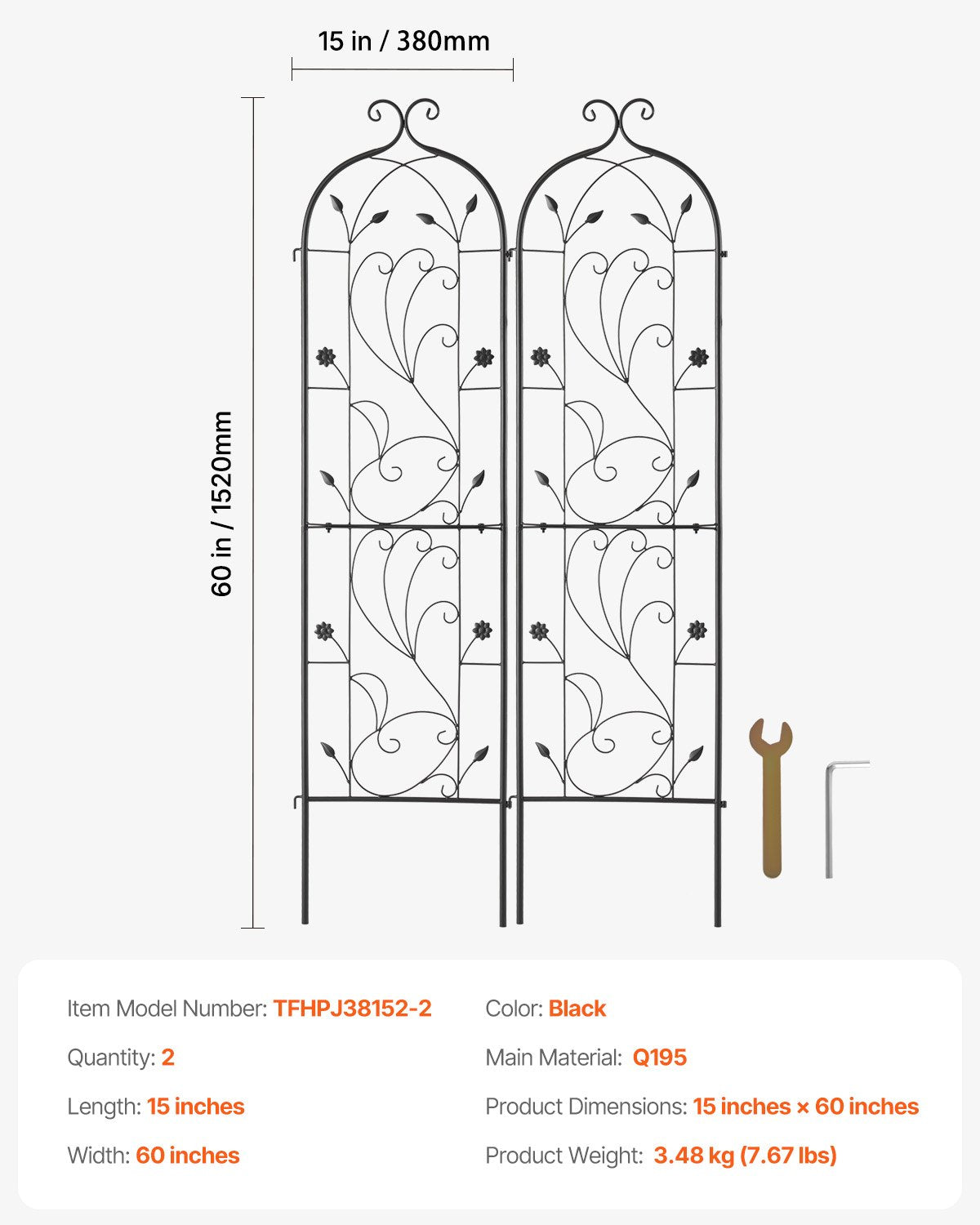 VEVOR 2 Packs Metal Garden Trellis for Climbing Plant Support 60x15 in Rustproof