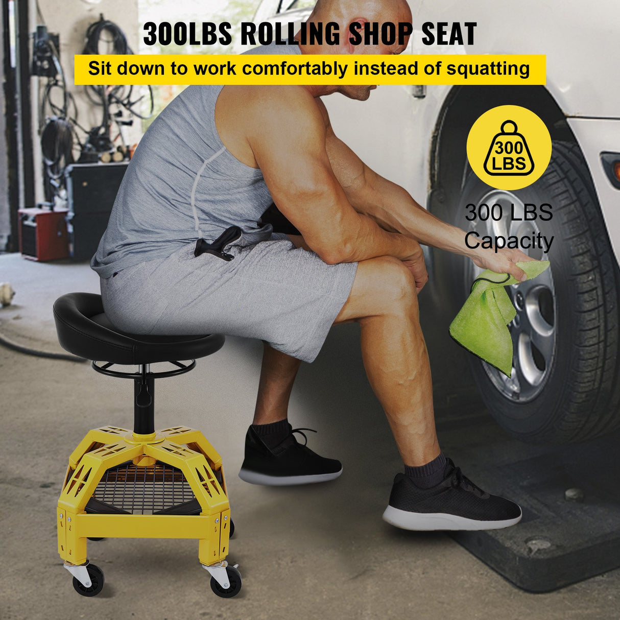 VEVOR Rolling Garage Stool, 300LBS Capacity, Adjustable Height from 24 in to 28.7 in, Mechanic Seat with 360-degree Swivel Wheels and Tool Tray, for