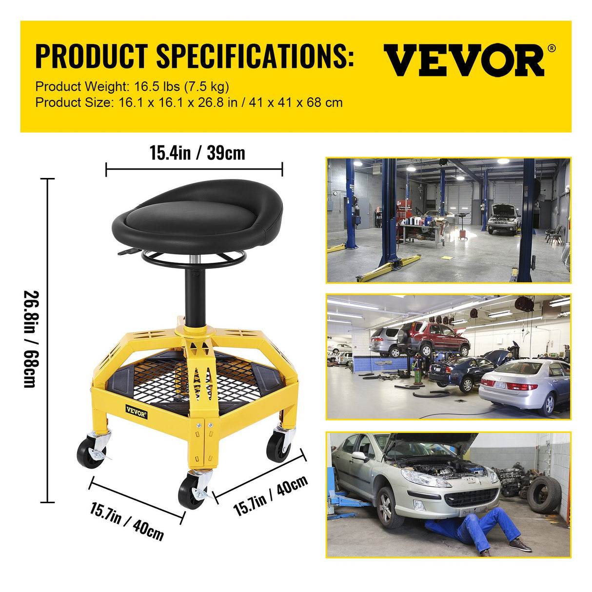 VEVOR Rolling Garage Stool, 300LBS Capacity, Adjustable Height from 24 in to 28.7 in, Mechanic Seat with 360-degree Swivel Wheels and Tool Tray, for