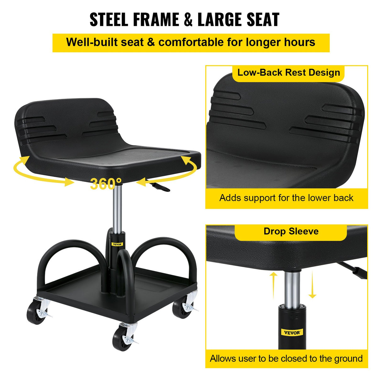 VEVOR Rolling Garage Stool 300LBS Adjustable Mechanic Work Shop Seat w/Casters