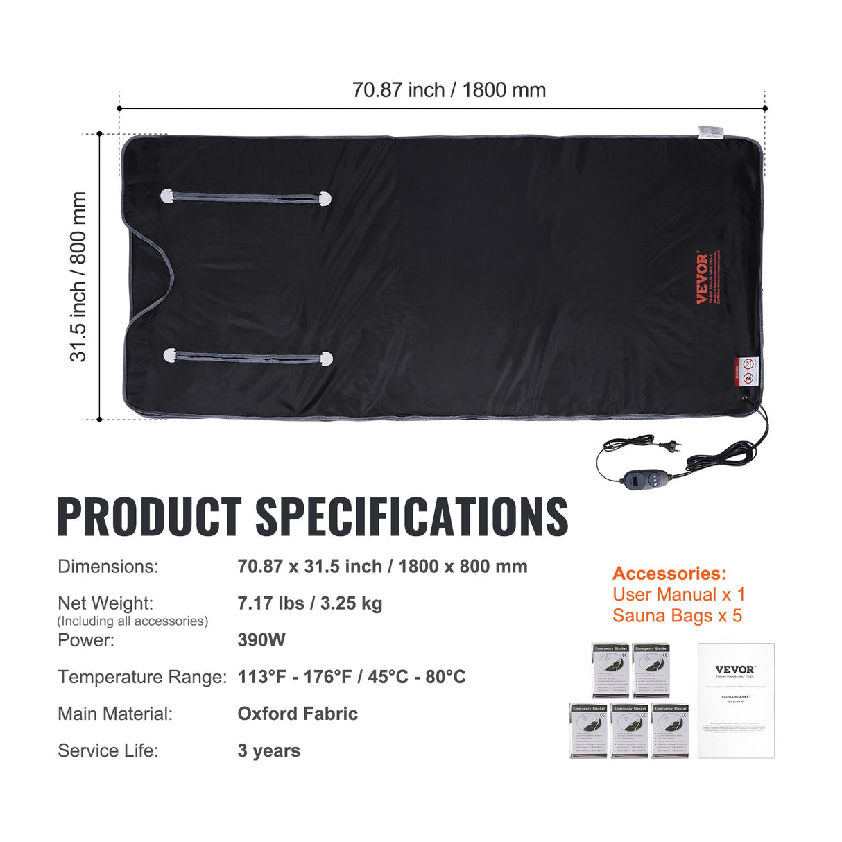 VEVOR Sauna Blanket for Detoxification, Portable Far Infrared Sauna for Home, Oxford Sauna Bag w/ Arm Holes & Carbon Fiber Heating, 1-6 Level