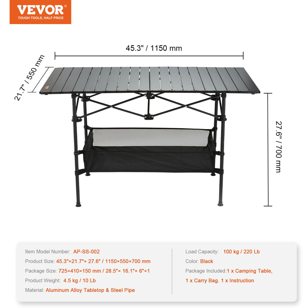 VEVOR Folding Camping Table, Outdoor Portable Side Tables, Lightweight Fold Up Table, Aluminum & Steel Ultra Compact Work Table with Large Storage and