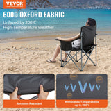 VEVOR Camping Folding Chair for Adults, Portable Heavy Duty Outdoor Quad Lumbar Back Padded Arm Chairs with Side Pockets, Cup Holder and Cooler Bag for Beach, Lawn, Picnic, Fishing, Backpacking, Black - Front View