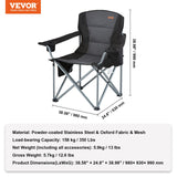 VEVOR Camping Folding Chair for Adults, Portable Heavy Duty Outdoor Quad Lumbar Back Padded Arm Chairs with Side Pockets, Cup Holder and Cooler Bag for Beach, Lawn, Picnic, Fishing, Backpacking, Black - Close-Up Angle