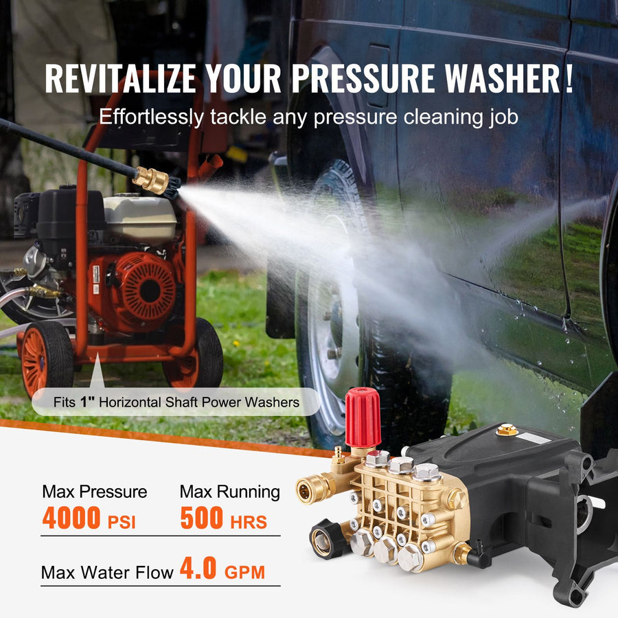 Pressure Washer Pump, 1" Shaft Horizontal Triplex Plunger, 4000 PSI, 4.0GPM, Replacement Power Washer Pumps Kit with Hardware, Compatible with Simpson MorFlex 40224, 40225, 40226, Santoprene