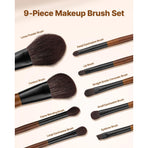 9-Piece Makeup Brush Set for Foundation Blending Eyeshadow, Professional Makeup Brush Kit with Soft Natural Wool & Vegan Synthetic Bristles, Ergonomic Wood Handle, Travel-Friendly Storage Bag