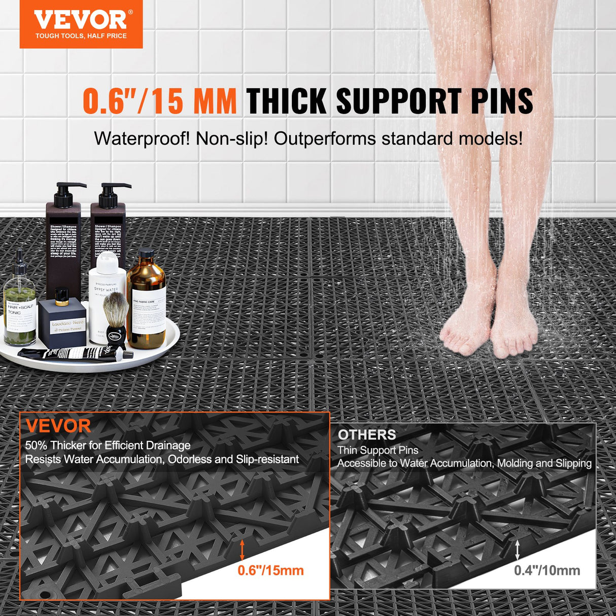 VEVOR Modular Interlocking Cushion, 50 Pack 30 x 30 cm Splicing Drainage Mats, PVC Interlocking Drainage Floor Tiles, Non-Slip Drainage Holes for Restroom, Bathroom, Kitchen, Pool, Wet Area, Black