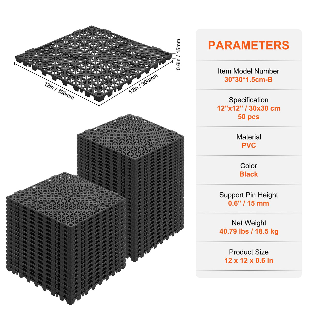 VEVOR Modular Interlocking Cushion, 50 Pack 30 x 30 cm Splicing Drainage Mats, PVC Interlocking Drainage Floor Tiles, Non-Slip Drainage Holes for Restroom, Bathroom, Kitchen, Pool, Wet Area, Black