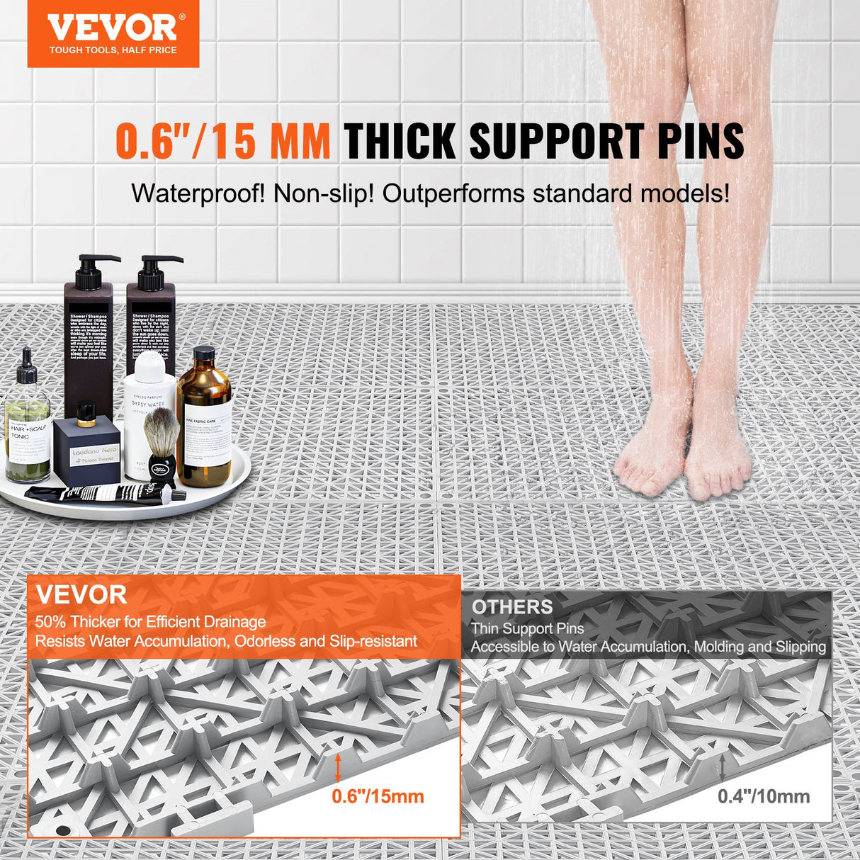 VEVOR Modular Interlocking Cushion, 50 Pack 30 x 30 cm Splicing Drainage Mats, Soft PVC Interlocking Drainage Floor Tiles, Non-Slip Drainage Holes for Restroom, Bathroom, Kitchen, Pool, Wet Area, Gray