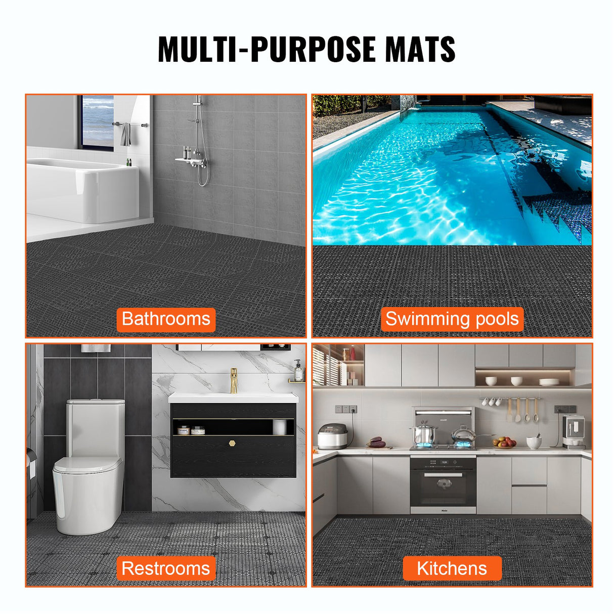 VEVOR Modular Interlocking Cushion, 55 Pack 30 x 30 cm Splicing Drainage Mats, PVC Interlocking Drainage Floor Tiles, Non-Slip Drainage Holes for Restroom, Bathroom, Kitchen, Pool, Wet Area, Black