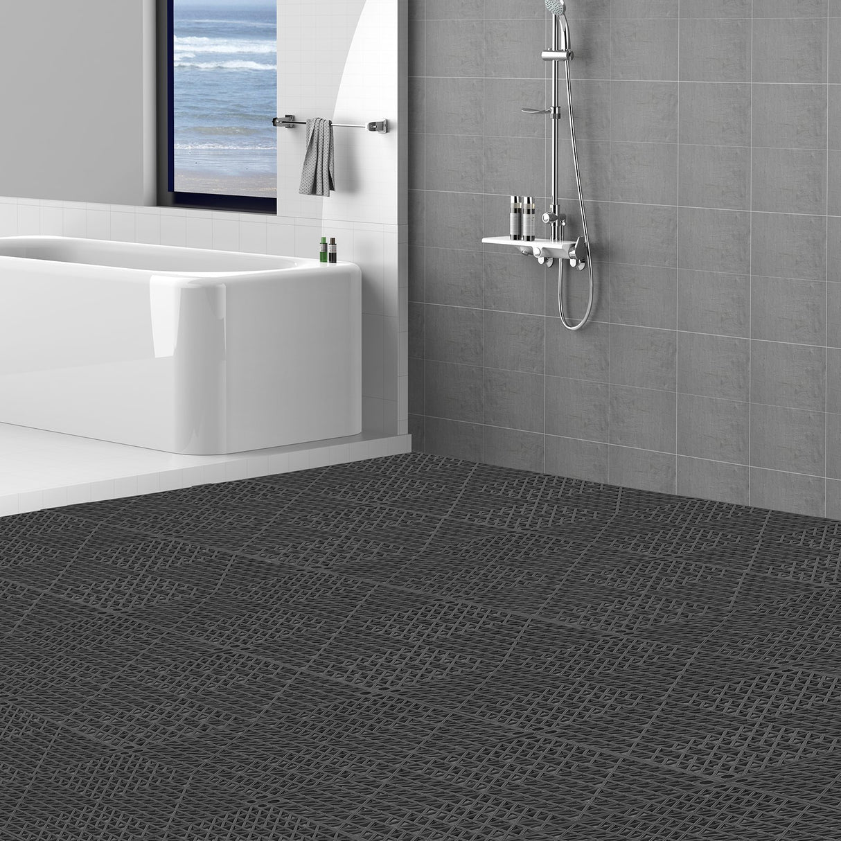 VEVOR Modular Interlocking Cushion, 55 Pack 30 x 30 cm Splicing Drainage Mats, PVC Interlocking Drainage Floor Tiles, Non-Slip Drainage Holes for Restroom, Bathroom, Kitchen, Pool, Wet Area, Black