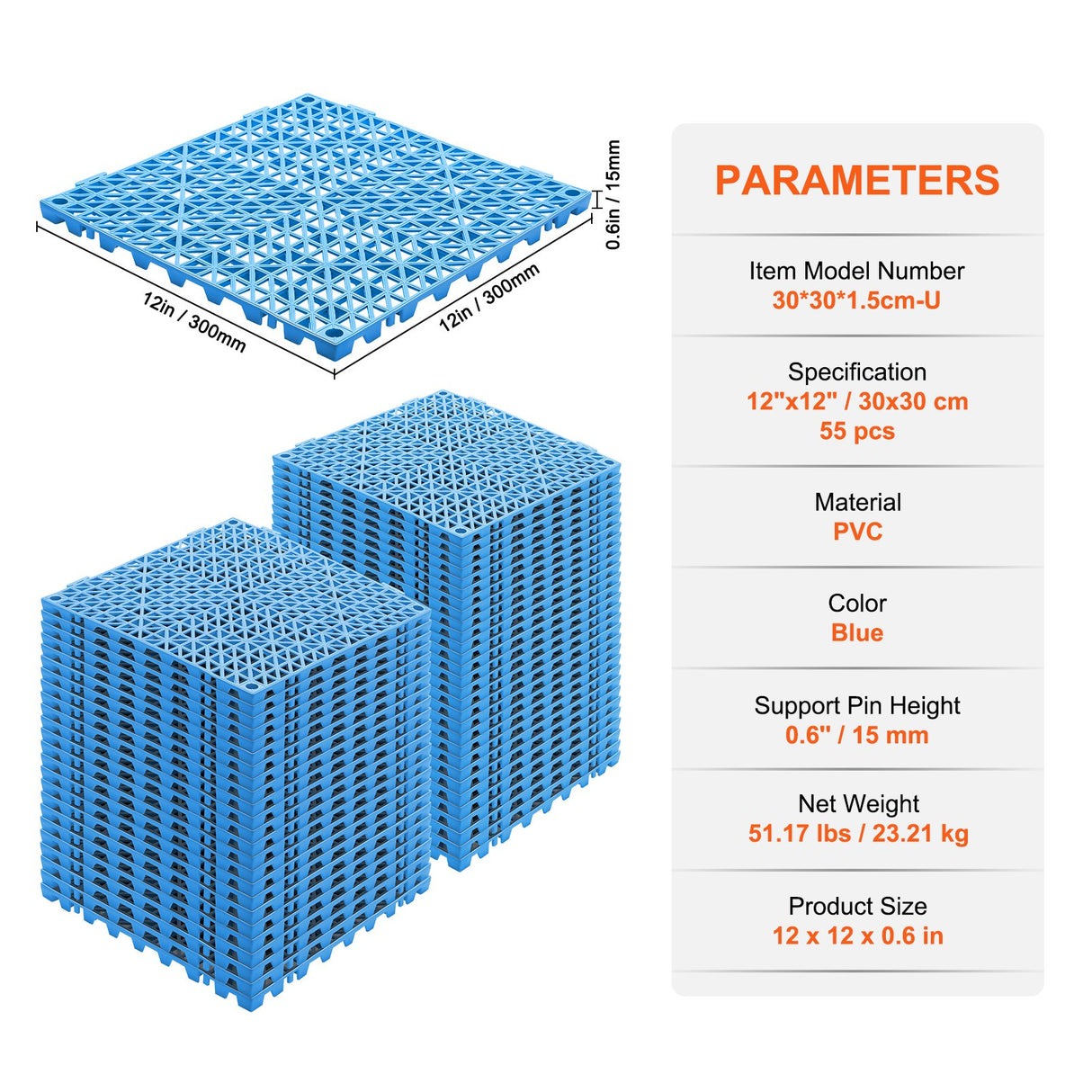 VEVOR Modular Interlocking Cushion, 55 Pack 30 x 30 cm Splicing Drainage Mats, Soft PVC Interlocking Drainage Floor Tiles, Non-Slip Drainage Holes for Restroom, Bathroom, Kitchen, Pool, Wet Area, Blue