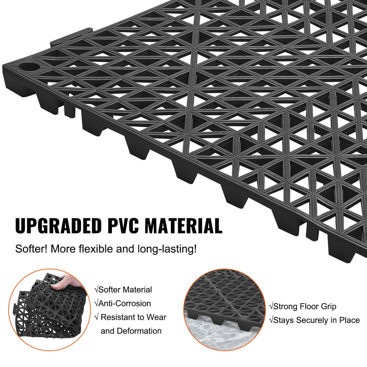 VEVOR Modular Interlocking Cushion, 12 Pack 30 x 30 cm Splicing Drainage Mats, PVC Interlocking Drainage Floor Tiles, Non-Slip Drainage Holes for Restroom, Bathroom, Kitchen, Pool, Wet Area, Black