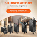 5 in 1 Professional Makeup Train Case Aluminum Cosmetic Case, Rolling Makeup Case Extra Large Trolley Makeup Travel Organizer, with 360° Swivel Wheels & Adjustable Pull Rod, Black