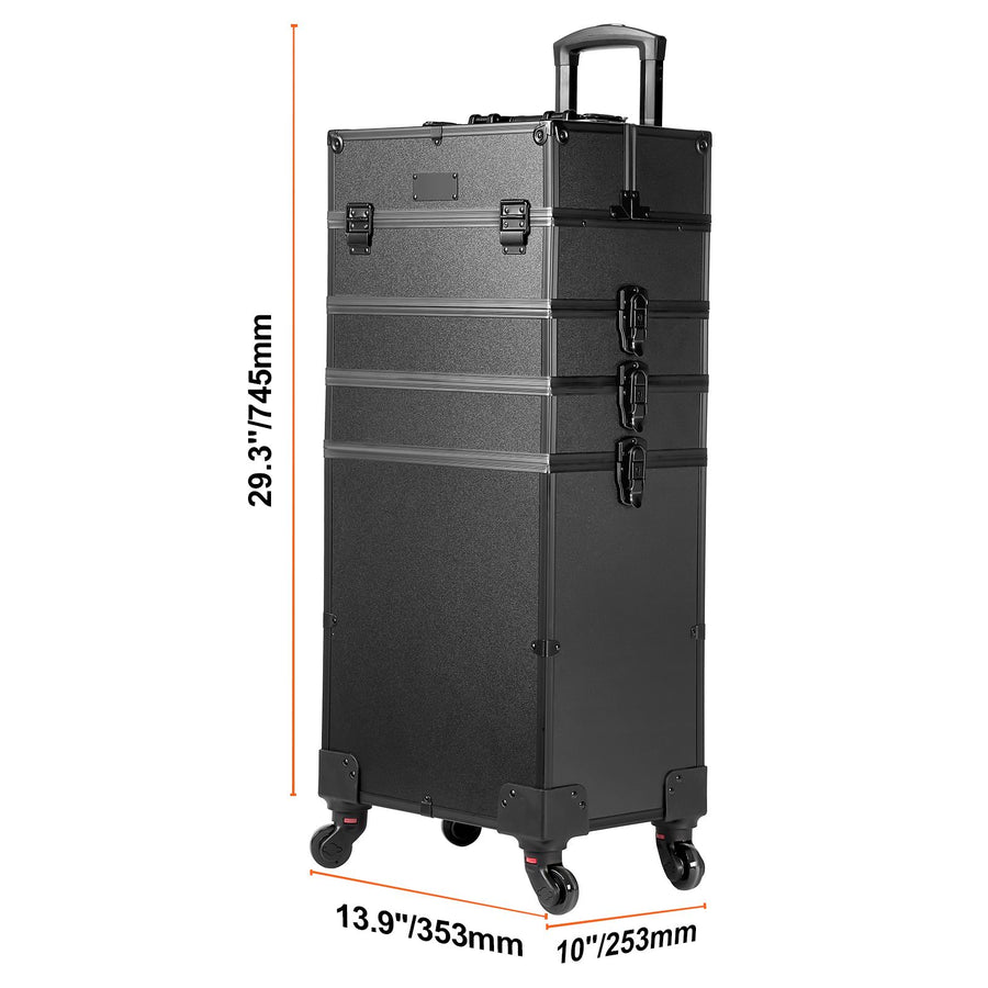 5 in 1 Professional Makeup Train Case Aluminum Cosmetic Case, Rolling Makeup Case Extra Large Trolley Makeup Travel Organizer, with 360° Swivel Wheels & Adjustable Pull Rod, Black