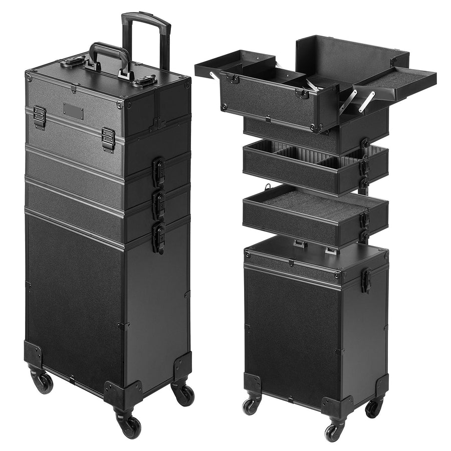 5 in 1 Professional Makeup Train Case Aluminum Cosmetic Case, Rolling Makeup Case Extra Large Trolley Makeup Travel Organizer, with 360° Swivel Wheels & Adjustable Pull Rod, Black