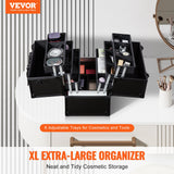 VEVOR Makeup Train Case 370MM Large Portable Cosmetic Case, 6 Tier Trays Professional Makeup Storage Organizer Box Make Up Carrier with Handle And Strap Travel Case for Women and Girls - Black - Front View