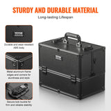 VEVOR Makeup Train Case 370MM Large Portable Cosmetic Case, 6 Tier Trays Professional Makeup Storage Organizer Box Make Up Carrier with Handle And Strap Travel Case for Women and Girls - Black - 45-Degree Angle