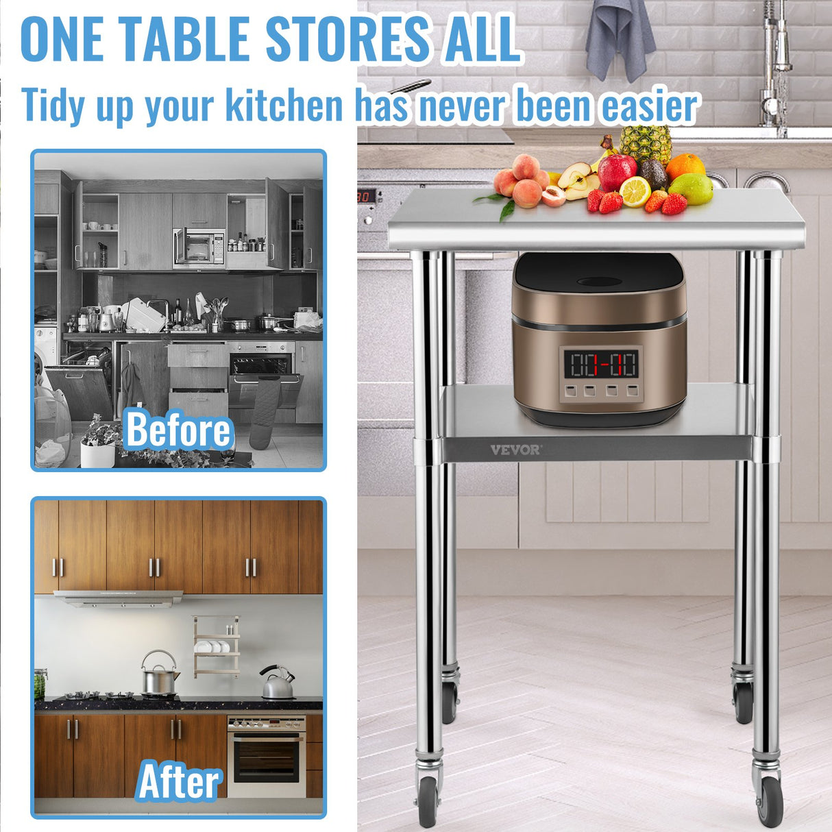 VEVOR Stainless Steel Prep Table, 61 x 61 x 91.4 cm, 600lbs Load Capacity Heavy Duty Metal Worktable with Adjustable Undershelf & Universal Wheels,